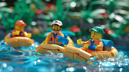 lego toy figures on boats on wild adventure at the river, concept of fun outdoor activity, ecotourism - obrazy, fototapety, plakaty