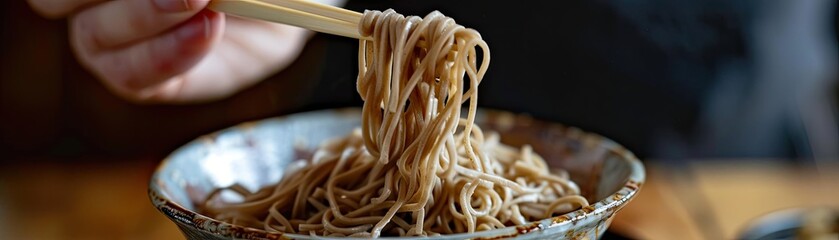 Action shot of soba noodles being lifted from a bowl with chopsticks emphasizing the texture and heartiness of the dish