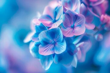 Close up of blue and pink hydrangea flowers. Floral background.