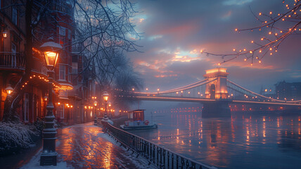A serene twilight scene capturing an iconic suspension bridge, with radiant street lamps lining the historic brick buildings leading to the waterfront - obrazy, fototapety, plakaty