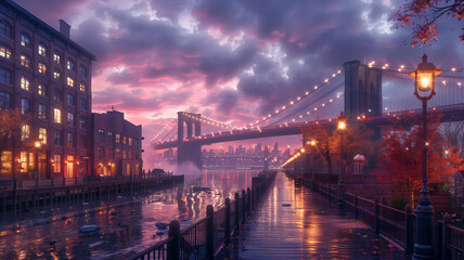 A serene twilight scene capturing an iconic suspension bridge, with radiant street lamps lining the historic brick buildings leading to the waterfront - obrazy, fototapety, plakaty