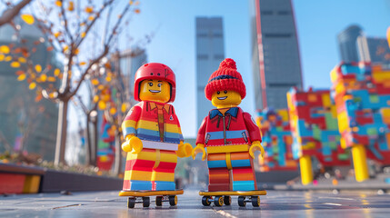 lego figures on skateboards visiting cosmopolitan city in the winter time, urban adventure, kids toys - obrazy, fototapety, plakaty
