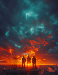 A team of silhouetted construction professionals atop a partially completed structure, with the backdrop of a dramatic sunset painting the sky in fiery hues