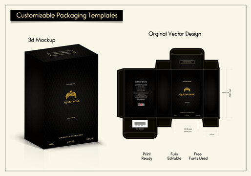 Packaging 3d box design with Box dies line, luxury 3d Box Mockup, icon, frames, Luxury Perfume 3d Box and Design elements, 3d Illustration, Vector design Template