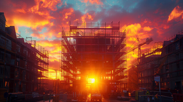 A new building taking shape, its metal scaffolding silhouetted against a fiery sunset sky, reflecting the end of a day's hard work on the construction site