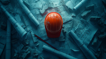 An organized chaos of engineering: scattered blueprints, a hard hat signifying safety, and measuring rulers crisscrossing over the documents, under a soft overhead light - obrazy, fototapety, plakaty