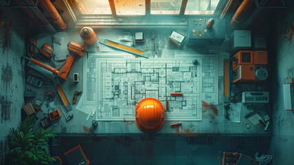 An organized chaos of engineering: scattered blueprints, a hard hat signifying safety, and measuring rulers crisscrossing over the documents, under a soft overhead light. - obrazy, fototapety, plakaty