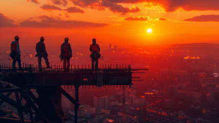 Construction workers in a relaxed pose, eating lunch on a girder with the sun setting over a city undergoing transformation, reflecting both the past and future of urban development