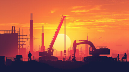 Minimalist vector scene capturing the end of a workday, with construction figures and machinery outlined sharply against a radiant sunset backdrop