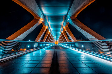 Illuminated long bridge spanning across river at night