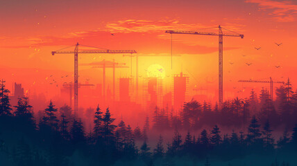Silhouette of a construction site with vector cranes and emerging buildings, depicted with geometric precision and a muted color scheme, conveying a sense of quiet industry - Powered by Adobe