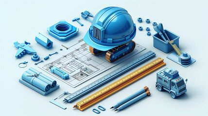 Simplified vector concept featuring stylized construction plans and measuring tools, with a focus on the contrast between the straight lines of the rulers and the curves of the hard hat.