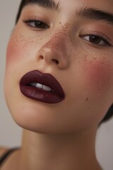 Close Up of Womans Face With Red Lipstick