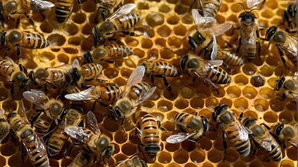Witness the intricate world of a bee colony through the lens of Vera Kuttelvaserova, as the queen bee, marked with a dot, leads her devoted workers in their daily tasks - a unique and captivating pers