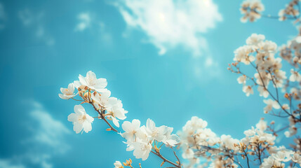 white flower wallpaper, blue frame, sweet wallpaper, springtime, blue sky