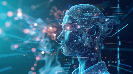 3D illustration of a female AI cyborg. She is depicted with a glowing blue brain and a network of connections representing her digital intelligence.