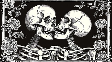 Two skeletons are kissing in a garden of roses. The image is in black and white.