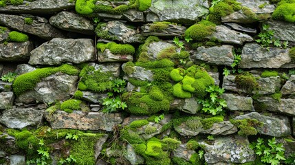 A stone wall covered with moss. The stones are of different sizes and shapes, and the moss is growing in between them.