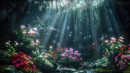 Obraz premium A hidden magical celestial garden in a cave, luminous mushrooms, various flowers. Generative AI.