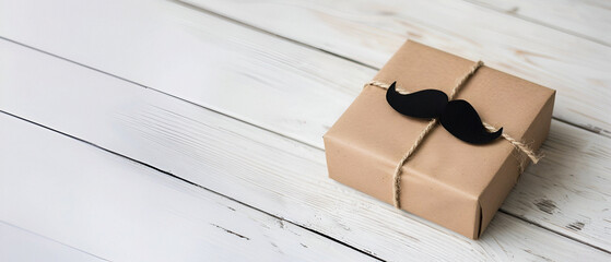 The gift box is wrapped in brown kraft paper and tied with twine, decorated with a black mustache.