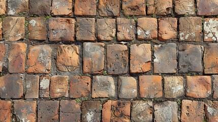 Top view of old weathered brick road. Grunge background or texture.