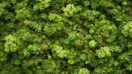 A lush green moss wall with various small plants growing in it. The plants are all different shades of green, and the wall has a very textured look.