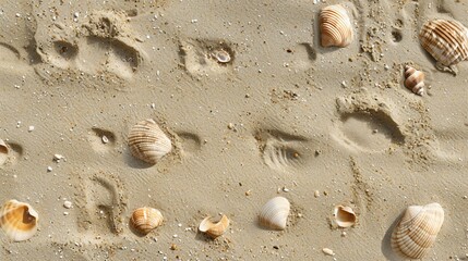 Sandy beach with seashells and footprints. The sand is wet and packed with shells and footprints.