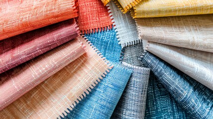 A variety of colorful fabric samples are arranged in a circle. The colors range from bright red to deep blue, with many shades in between.