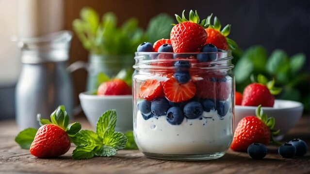 jar of yogurt with strawberries and blueberries in the kitchen