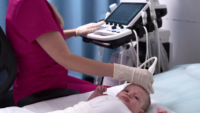 A female doctor conducts an ultrasound examination of the head and brain of a newborn baby using modern medical equipment in a clinic. Pediatrics and control of the development of the child's body.