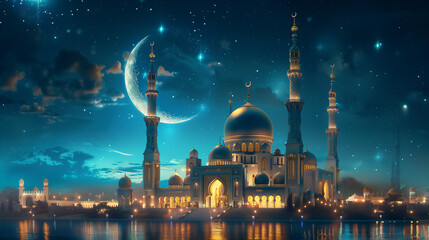 Beautiful architecture design of muslim mosque ramadan  and a crescent moon in the sky. - 765649738