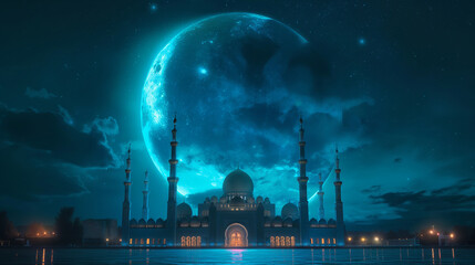 Beautiful architecture design of muslim mosque ramadan  and a crescent moon in the sky. - 765649741