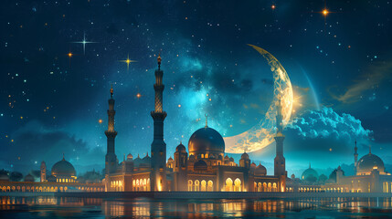 Beautiful architecture design of muslim mosque ramadan  and a crescent moon in the sky. - 765649748