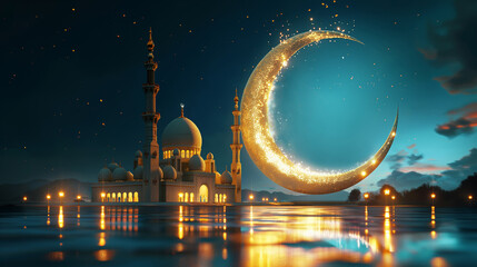 Beautiful architecture design of muslim mosque ramadan  and a crescent moon in the sky. - 765649754