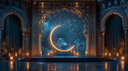 Beautiful architecture design of muslim mosque ramadan  and a crescent moon in the sky. - 765649755