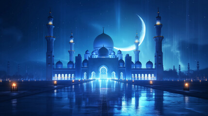 Beautiful architecture design of muslim mosque ramadan  and a crescent moon in the sky. - 765649761