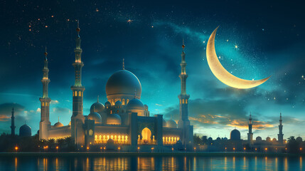 Beautiful architecture design of muslim mosque ramadan  and a crescent moon in the sky. - 765649762