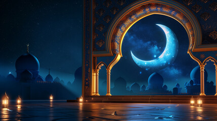 Beautiful architecture design of muslim mosque ramadan  and a crescent moon in the sky. - 765649763