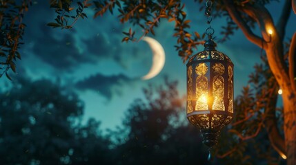 The Arab lantern of Ramadan Karim with a crescent moon in the night sky.