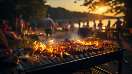 Grilling food for outdoor gatherings Picnic with friends In the atmosphere of rivers and natural forests
