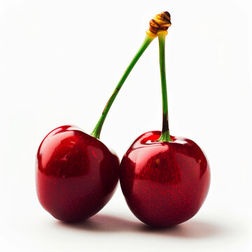 Clean commercial photo of two fresh cherries with stem and leaf over white background for cutting out.