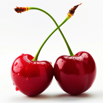 Clean commercial photo of two fresh cherries with stem and leaf over white background for cutting out.