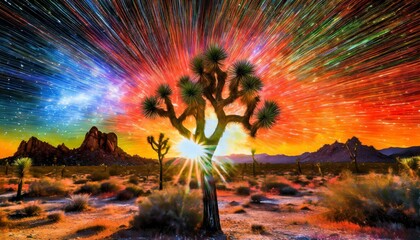 Exploding star dust and sun rays over a joshua tree in night light