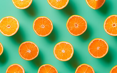 Softlight summer pattern made with oranges over bright green background. Minimal trendy food composition.
