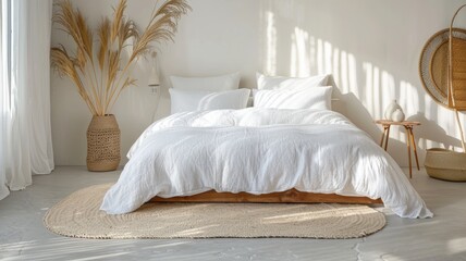 Fototapeta na wymiar rest, interior, comfort and bedding concept - bed at home bedroom