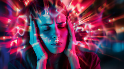 Migraine headache which is causing severe suffering in the brain, felt as a throbbing pain to the head or optical flashes in the eyes, stock illustration image - obrazy, fototapety, plakaty