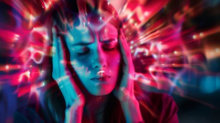 Fotobehang Migraine headache which is causing severe suffering in the brain, felt as a throbbing pain to the head or optical flashes in the eyes, stock illustration image © Tony Baggett