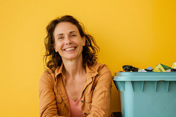 smiling woman with recycling bin