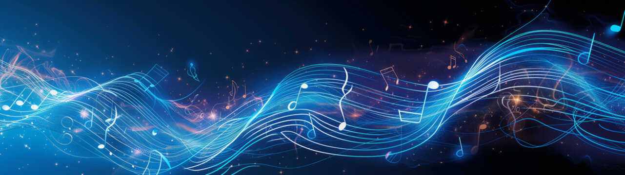 Melody flowing music wave  abstract background showing colourful music notes which are musical notation symbols, panoramic stock illustration image