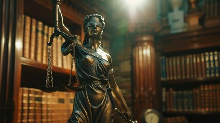 Statue of Justice in law library. Symbol of legal fairness, a blindfolded justice statue with scales, in a library - obrazy, fototapety, plakaty